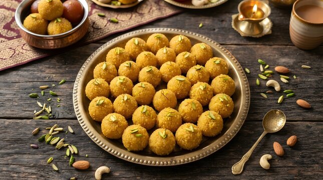 Traditional indian sweet besan laddu served on a decorative metal plate for festive celebrations