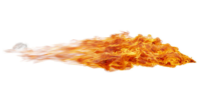 Fiery orange flame jet with wisps of smoke, isolated on transparent background