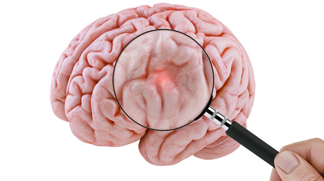 Human brain with red spot magnified by a hand holding a magnifying glass, isolated on transparent background