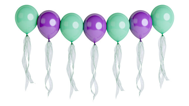 Mint green and purple balloons with sheer ribbons, isolated on transparent background