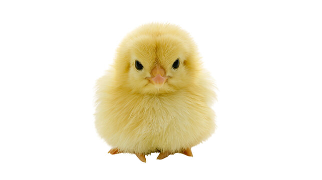 Fluffy yellow chick with dark eyes and pink beak, isolated on transparent background
