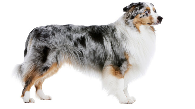 Merle Australian Shepherd dog standing, isolated on transparent background