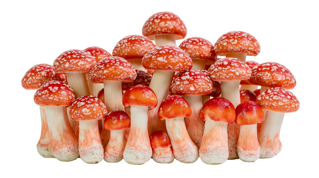 Cluster of red and white spotted Amanita muscaria mushrooms, isolated on transparent background