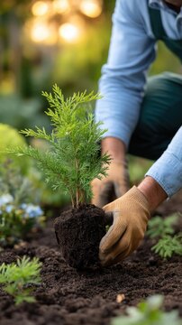 Gardener plants thuja tree in a garden under warm sunlight
