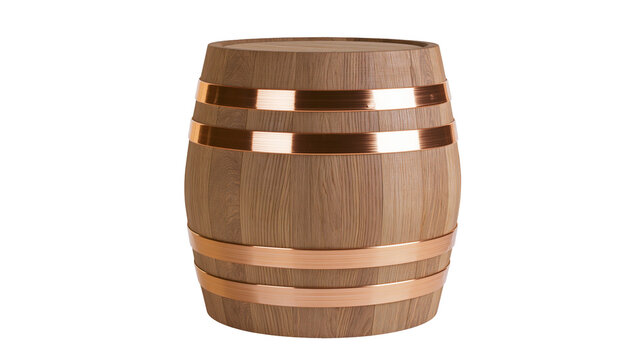 Wooden barrel with copper bands, isolated on transparent background