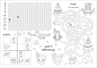 Educational activity page and coloring worksheet for children featuring mini-games: a "color by shape" pixel grid, a picture maze ("Who lives where?"), picture sudoku, and a "spot 5 differences" task. © alisa_rut