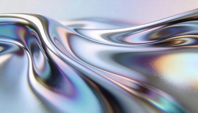 Abstract flowing metallic surface with iridescent reflections and smooth chrome liquid texture on a clean uncluttered background, modern technology aesthetic concept design
