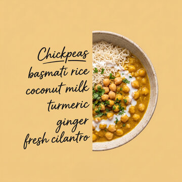 Ceramic bowl of chickpea curry with basmati rice coconut milk and fresh cilantro beside a handwritten ingredient list on a mustard yellow background, recipe card style concept food photography