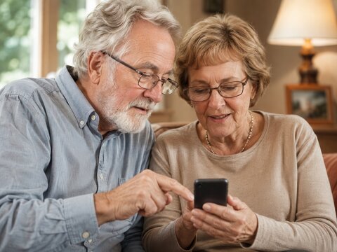 Senioren entdecken gemeinsam das Smartphone &ndash; Ein &auml;lteres Paar blickt konzentriert auf das Display und teilt Neugier, gegenseitige Hilfe und digitale Teilhabe im Alltag.
