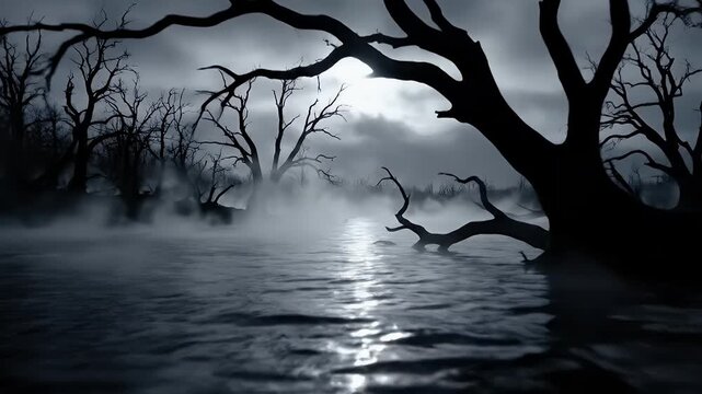 Moonlit Fogbound Marshland Scene with Silhouetted Leafless Trees and Haunting Clouds