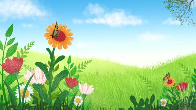 Bright spring landscape with blooming flowers, green grass and butterflies under blue sky