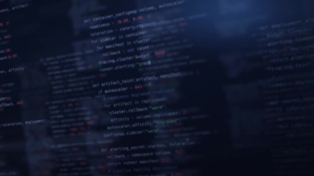 Dynamic blurred code background featuring indigo hues with glowing text elements in varying shades of blue and green, creating a futuristic digital atmosphere ideal for technology and programming