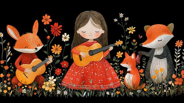 Whimsical woodland concert scene with a girl playing guitar among foxes and flowers