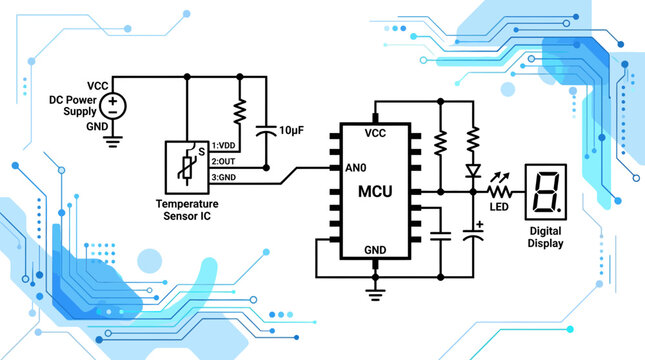 Electronic Circuit Diagram: MCU, Temperature Sensor, LED Display