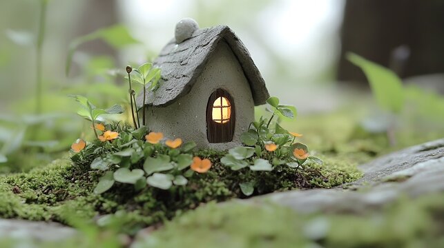 Whimsical Tiny Stone Cottage With Warm Light Hidden Among Moss and Forest Floor