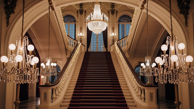 Grand staircase with golden railings and crystal chandeliers