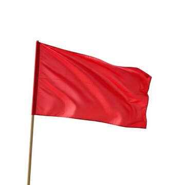 Bright red flag waving on a wooden pole against plain backdrop