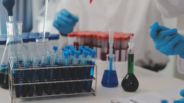 Biomedical researchers examining viral cultures while documenting experimental results on computer in sophisticated laboratory.