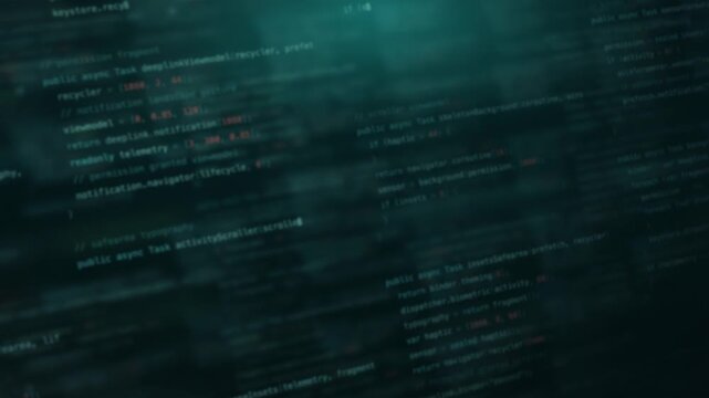 Dynamic blurred code background with teal hues featuring glowing text and symbols in a digital landscape, ideal for tech presentations and app development visuals