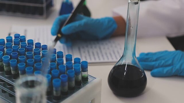 Biomedical researchers examining viral cultures while documenting experimental results on computer in sophisticated laboratory.