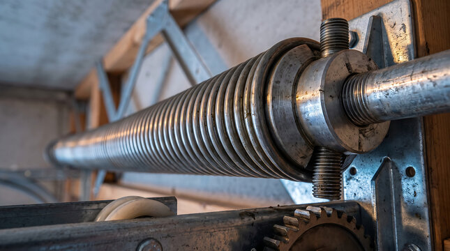 Close up of torsion spring system mounted on wooden header above garage door with mechanism hardware mechanical maintenance installation industrial engineering