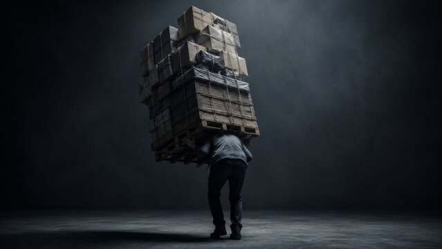 Person carrying an enormous stack of heavy boxes in a dark studio, symbolizing overwhelming workload, pressure, responsibility and perseverance