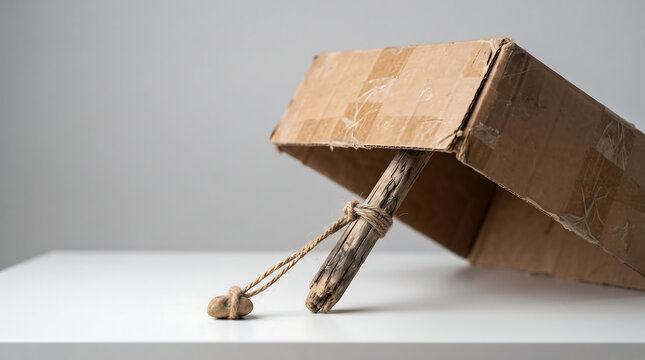 Diy cardboard box trap with a support stick and tethered string conceptual image about risk management and opportunity cardboard mechanism homemade business