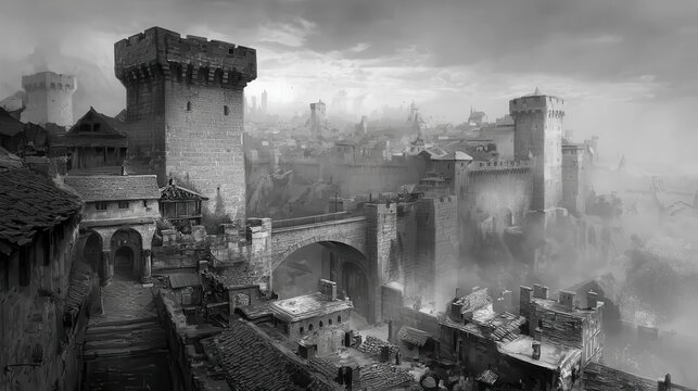 An aerial view of a misty medieval city, showcasing fortified walls, towering structures, and ancient architecture.