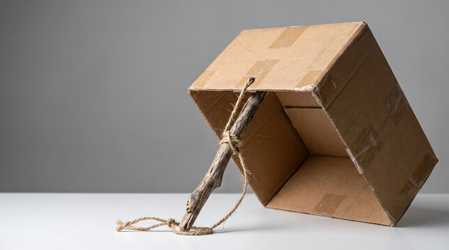 Homemade animal trap constructed from recycled cardboard box propped up with wooden stick and tethered twine string on clean white surface studio setting isolated shot.