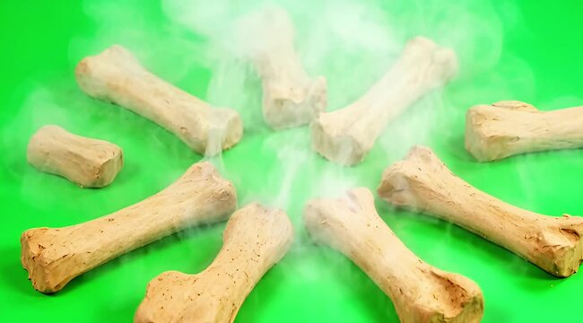 Dog bones arranged in a circle on a green background footage