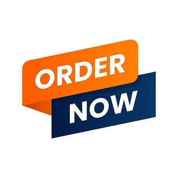 Order now button design with orange and dark blue ribbons