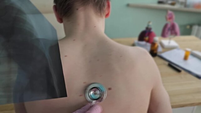 Health check at a clinic with a doctor using a stethoscope on a patient in a relaxed setting