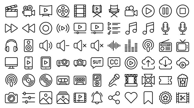Media and Entertainment Line Icon Set with Clapperboard, Music, Speaker, Video Player, and Audio Editable Stroke Vector Collection