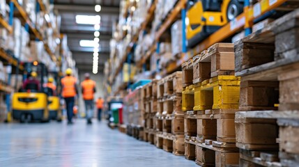 Fototapeta premium Warehouse aisle with neatly stacked pallets and workers in safety vests