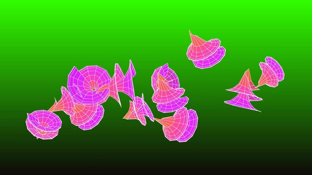 Glowing Pink and Orange Wireframe Cone Shells Rotating on Green Gradient