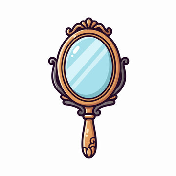 Vintage hand mirror with an ornate bronze frame and handle isolated on a white background