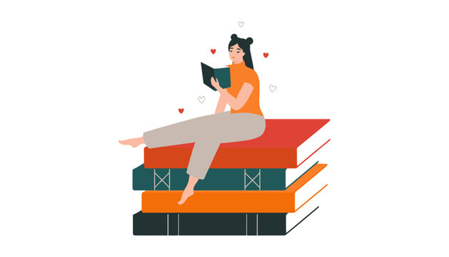 Woman sitting on stack of books reading a book illustration with learning