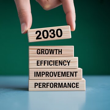 Hand placing a block with 2030 goal for business success