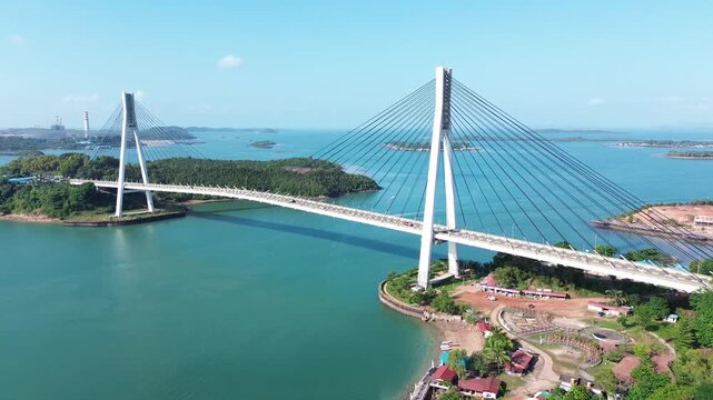 Aerial drone view of Barelang Bridge I (Tengku Fisabilillah Bridge), an iconic cable-stayed bridge landmark connecting islands in Batam, Riau Islands, Indonesia