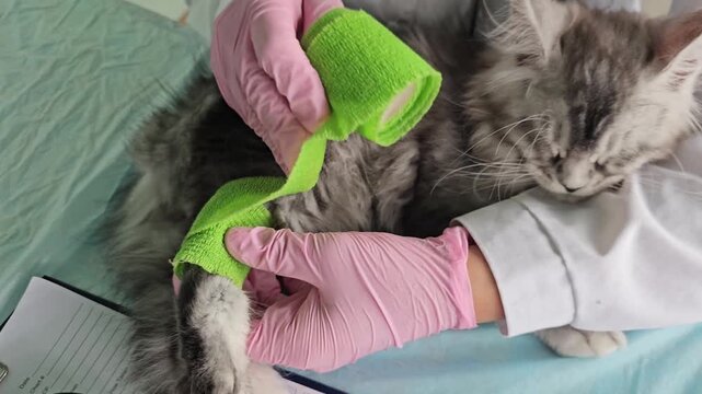 Vet wraps injured paw of cat in clinic with care and attention
