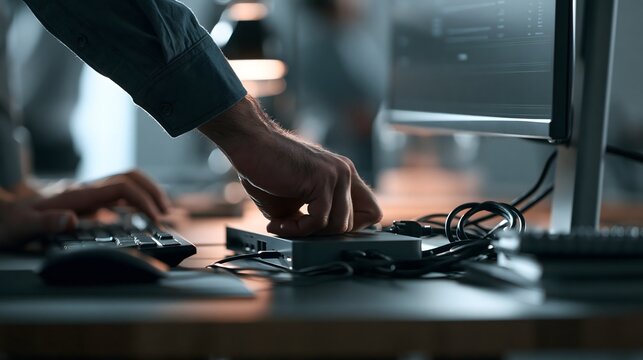 IT-Techniker ersetzt eine USB-C-Dockingstation an einem modernen B&uuml;roarbeitsplatz
