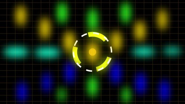 Abstract glowing circles animate with bokeh lights and grid pattern during a digital transition