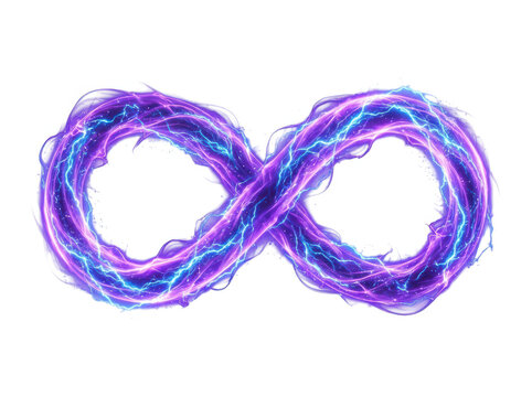 Glowing purple and blue infinity symbol made of bright neon light energy lines