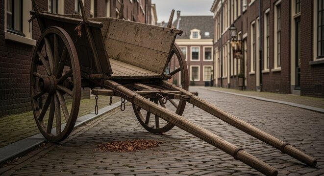 Vintage wooden horse cart on a cobblestone village street.