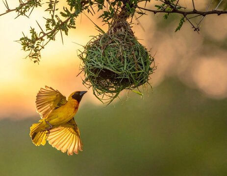 Yellow weaver bird weaving its hanging grass nest in an acacia tree under a sunset sky