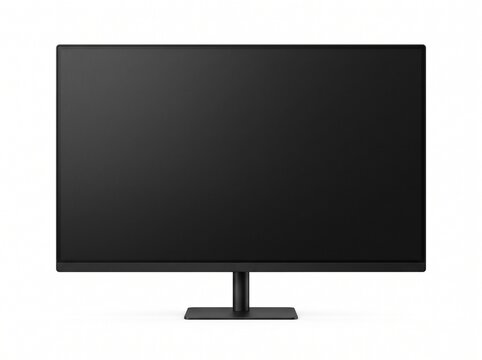 Modern Slim Bezel Computer Monitor with Black Screen Isolated on White Background for Office and Home Workstation Setup