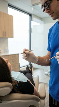 Professional Male Dentist in Blue Scrubs with Magnification Loupes Performing Dental Examination on Female Patient in Modern Bright Dental Clinic, Oral Healthcare and Medical Professional Concept