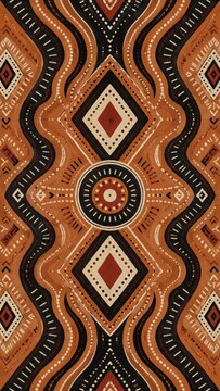 Bold Earthy Tribal Geometric Pattern with Diamond Shapes, Wavy Lines and Dot Motifs in Warm Terracotta, Black and Cream, Grounding Hues African Folk Art Textile Design Concept Background