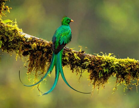 Resplendent quetzal gliding near its mossy tree nest in a misty cloud forest at dawn