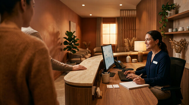 Receptionist checking in patient at wellness center front desk